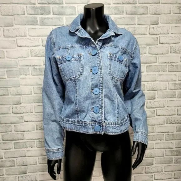 Vintage 90s Bill Blass L Light Wash Denim Button Front Jacket Jean Lightweight - Picture 4 of 5